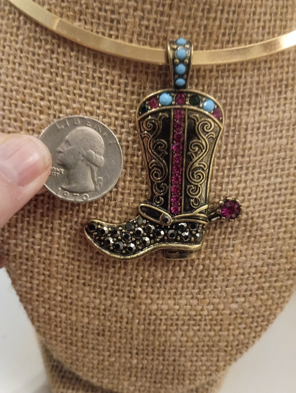 Rhinestone Bejeweled Cowboy Boot Western Pendant On Necklace